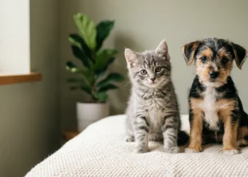 Rescue kitten and puppy sitting together, illustrating the question of whether animals can have Down syndrome