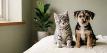 Rescue kitten and puppy sitting together, illustrating the question of whether animals can have Down syndrome