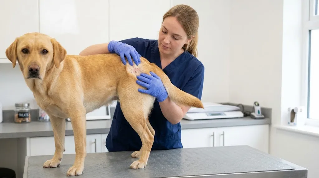 Vet nurse checking a Labrador’s lower back and tail base for flea bites and flea dirt