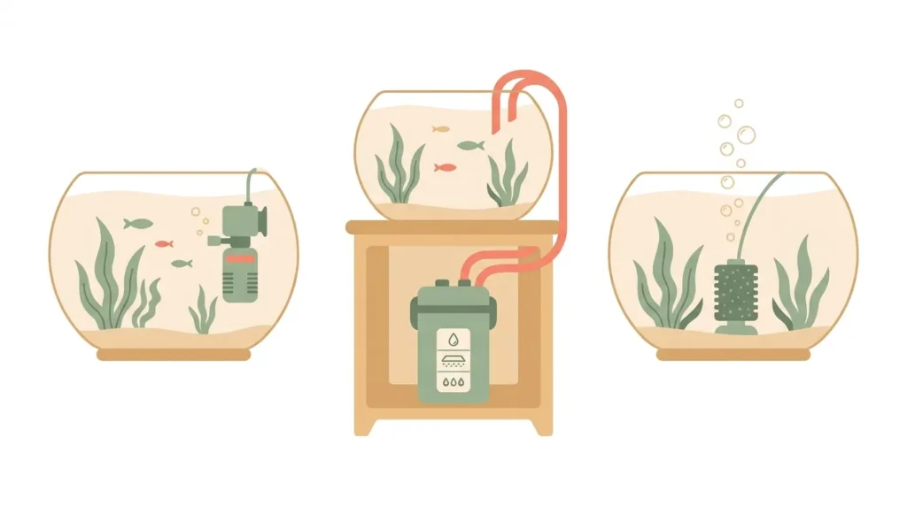 Illustration comparing internal, external and sponge fish tank filter types