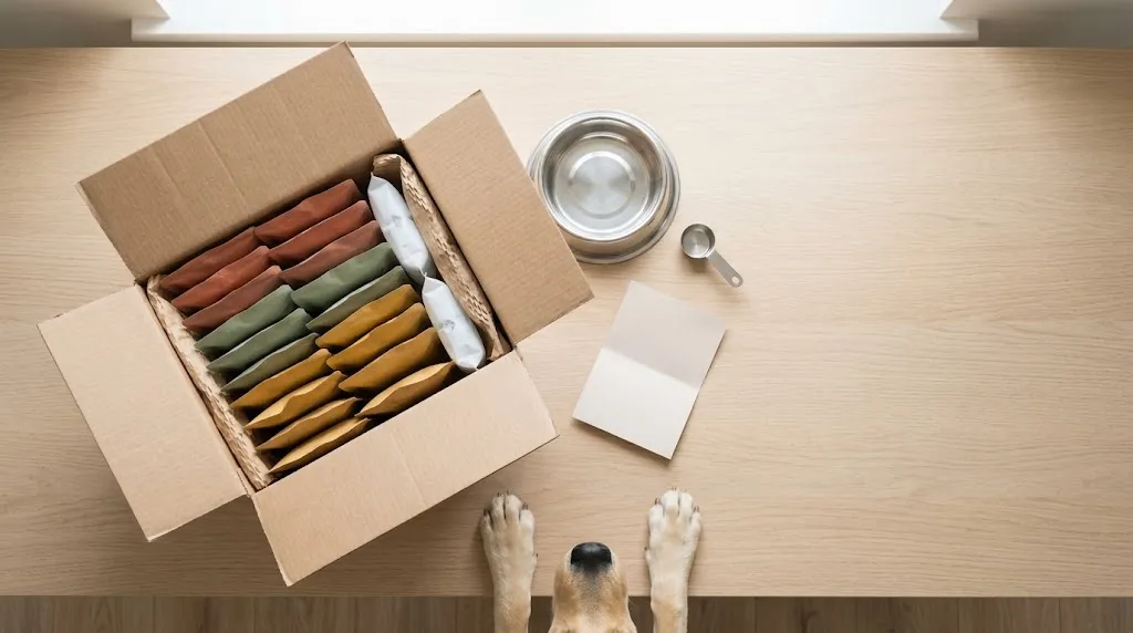 Dog Food Subscription: The Complete Comparison of Plans, Prices and Types Open dog food subscription box with frozen meal pouches, ice packs, bowl and scoop on a kitchen table