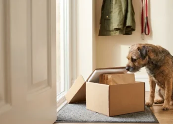 Border Terrier sniffing a dog food subscription box delivered to a UK front door