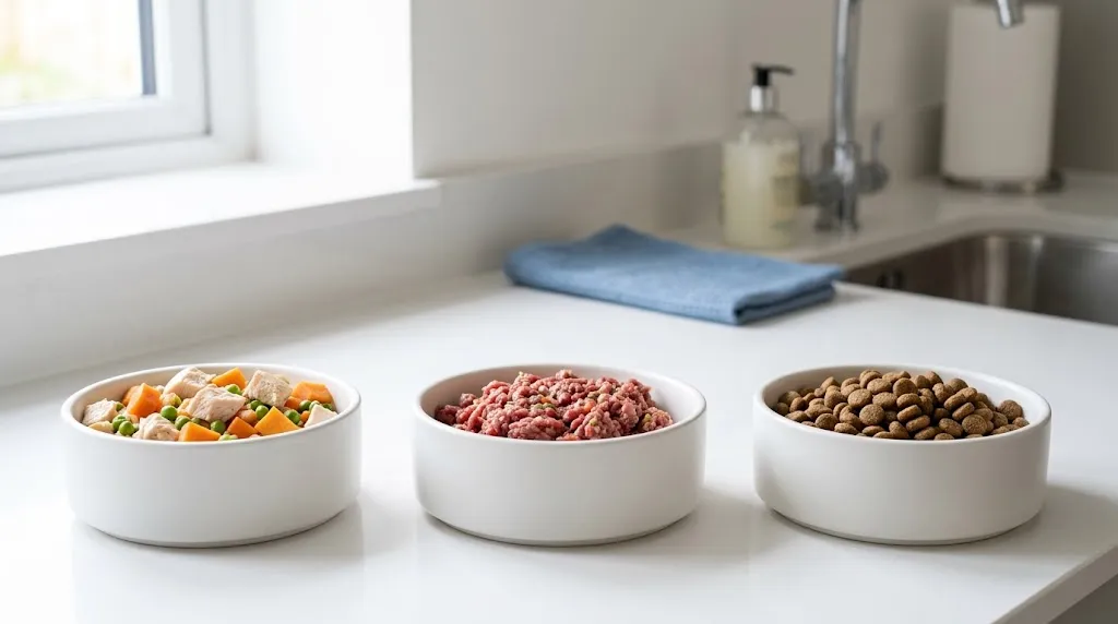 Dog Food Subscription: The Complete Comparison of Plans, Prices and Types Fresh cooked, raw and dry dog food subscription meals compared in three bowls on a kitchen worktop