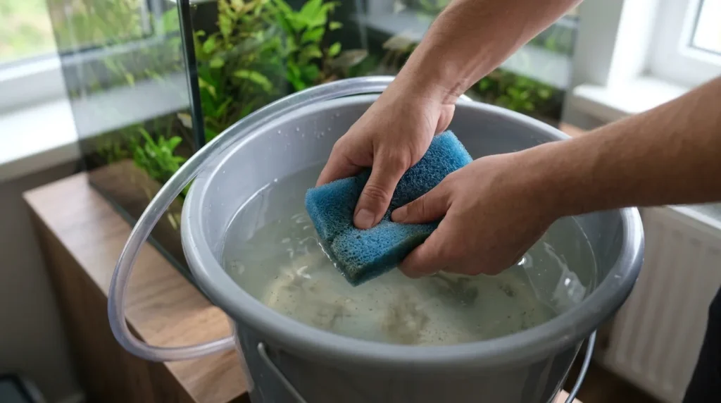 Hands gently squeezing a fish tank filter sponge in a bucket of old aquarium water