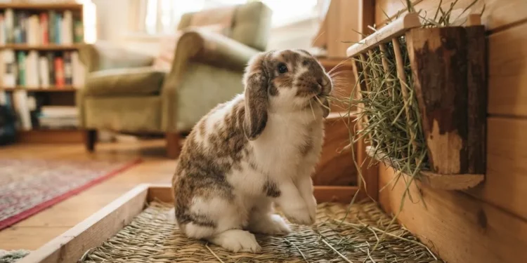 Rabbit Worms: How to Spot Them, Symptoms and Treatment Healthy rescue rabbit eating hay indoors, a calm start to checking a rabbit for worms