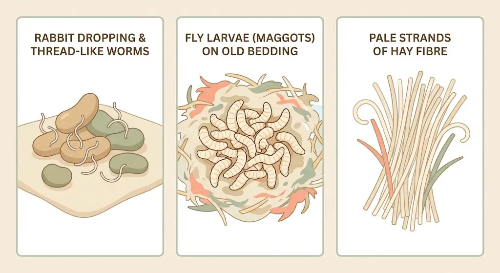 Rabbit Worms: How to Spot Them, Symptoms and Treatment Illustration comparing rabbit pinworms in poop with fly maggots and hay fibre, showing what rabbit worms look like