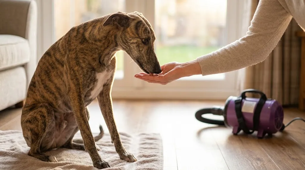 Nervous rescue dog taking a treat while a dog dryer runs on a low setting nearby