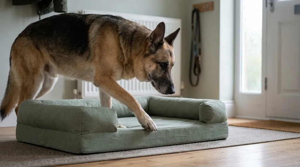 Top 10 Orthopedic Dog Beds for Senior Dogs (UK Guide) Senior German Shepherd stepping onto a low dog bed designed for senior dogs with arthritis