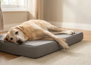 Senior Labrador resting on a low orthopedic memory foam dog bed in a UK living room