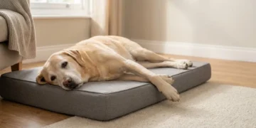 Senior Labrador resting on a low orthopedic memory foam dog bed in a UK living room