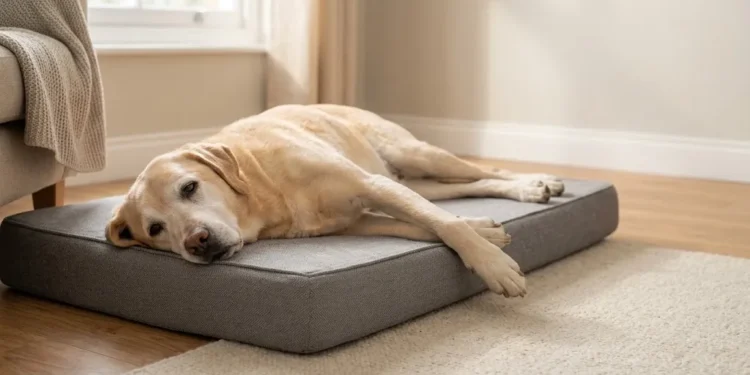 Top 10 Orthopedic Dog Beds for Senior Dogs (UK Guide) Senior Labrador resting on a low orthopedic memory foam dog bed in a UK living room